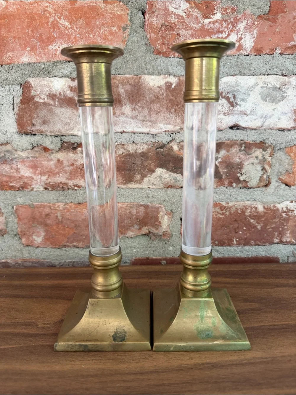 Vintage Brass Lucite Candlesticks Pair MCM Made in Hong Kong 9”